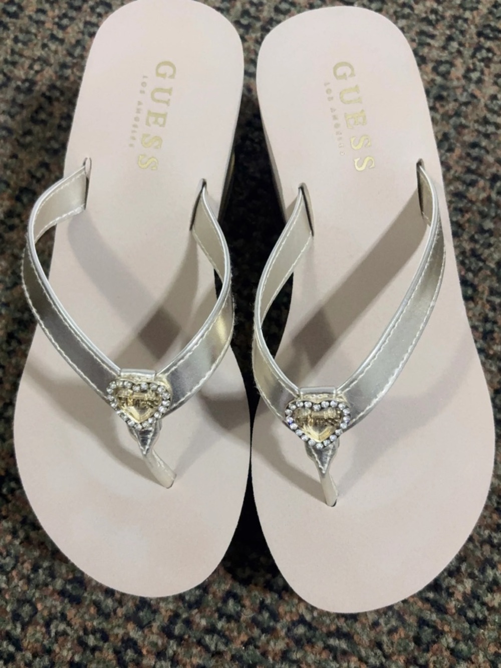 GUESS Silver Heart-Embellished Women's Sandals with Blush Footbed